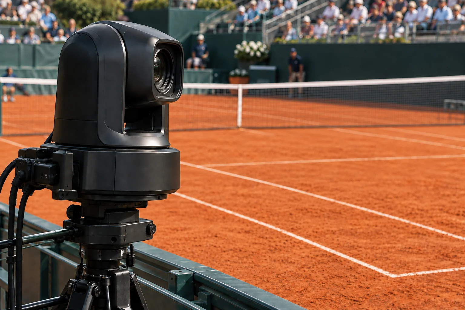 Caméra PTZ de captation devant un court de tennis en terre battue