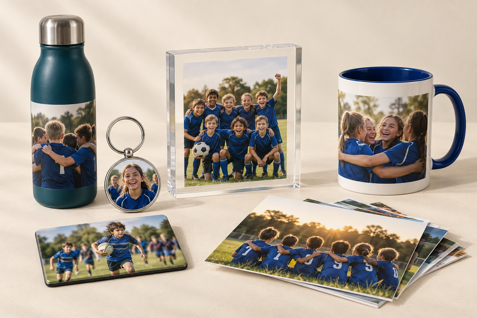 Exemples de produits photo personnalisés pour clubs sportifs : gourde, porte-clés, bloc plexi, mug, magnet et tirages