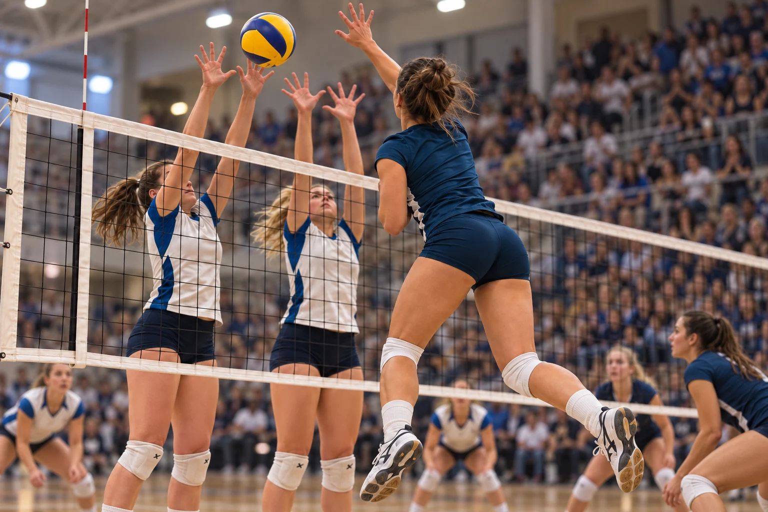Photographie de volley féminin avec smash et contre au filet
